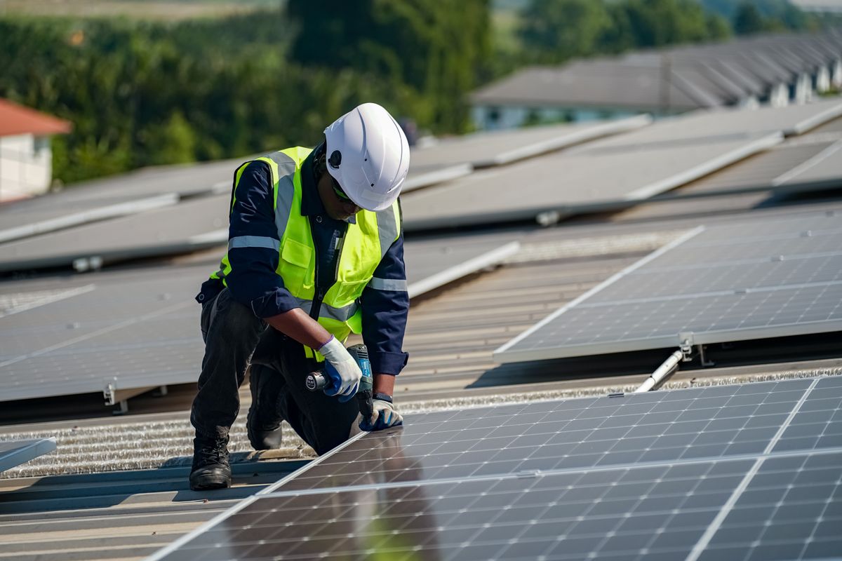 technology solar cell, engineer service check installation solar cell. technician checks the maintenance of the solar panels.